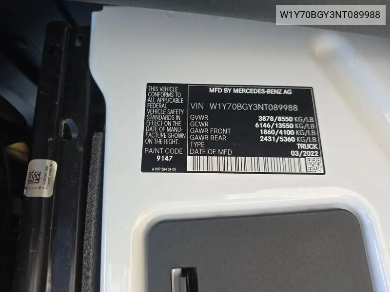 2022 Mercedes-Benz Sprinter 1500 VIN: W1Y70BGY3NT089988 Lot: 42633648