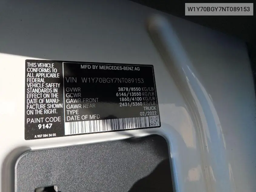 2022 Mercedes-Benz Sprinter 1500 VIN: W1Y70BGY7NT089153 Lot: 42642835