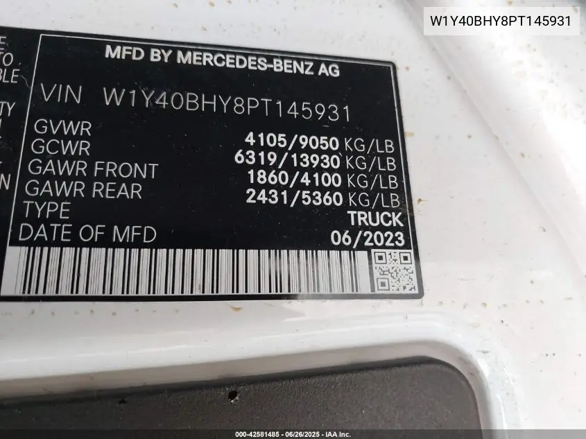 2023 Mercedes-Benz Sprinter 2500 Standard Roof 4-Cyl Gas VIN: W1Y40BHY8PT145931 Lot: 42581485