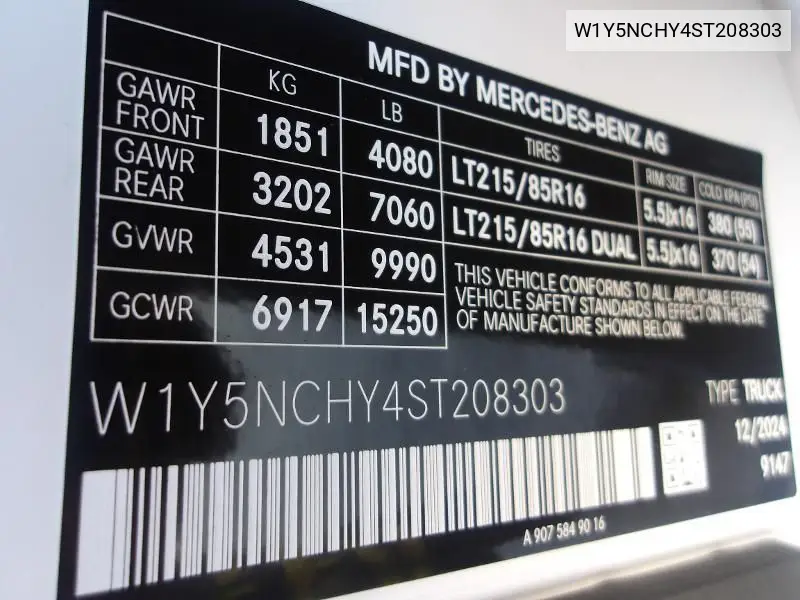 2025 Mercedes-Benz Sprinter 3500 High Roof 4-Cyl Diesel Ho VIN: W1Y5NCHY4ST208303 Lot: 42262641