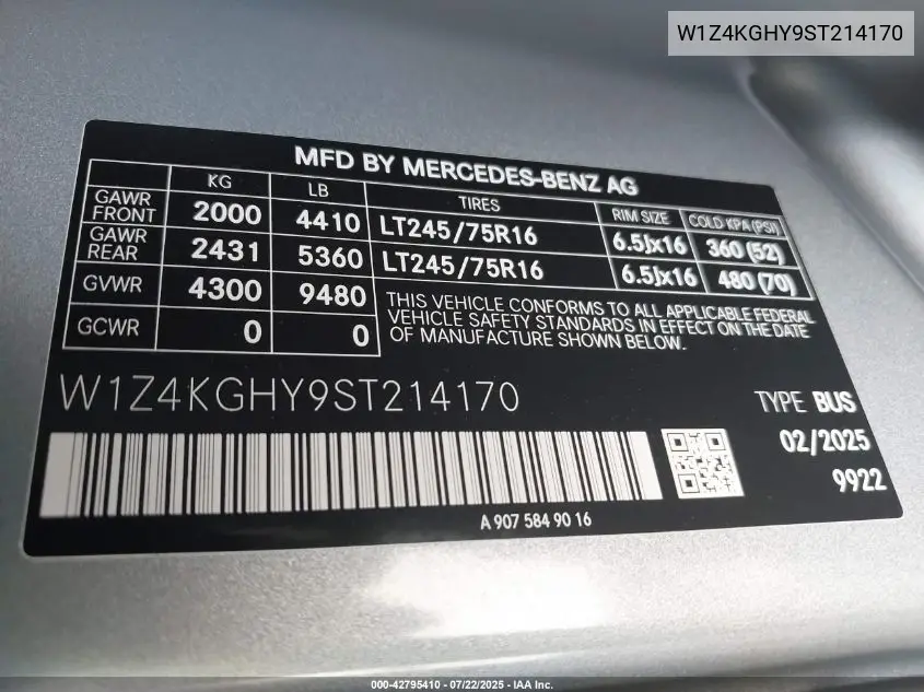 2025 Mercedes-Benz Sprinter 2500 High Roof 4-Cyl Diesel VIN: W1Z4KGHY9ST214170 Lot: 42795410