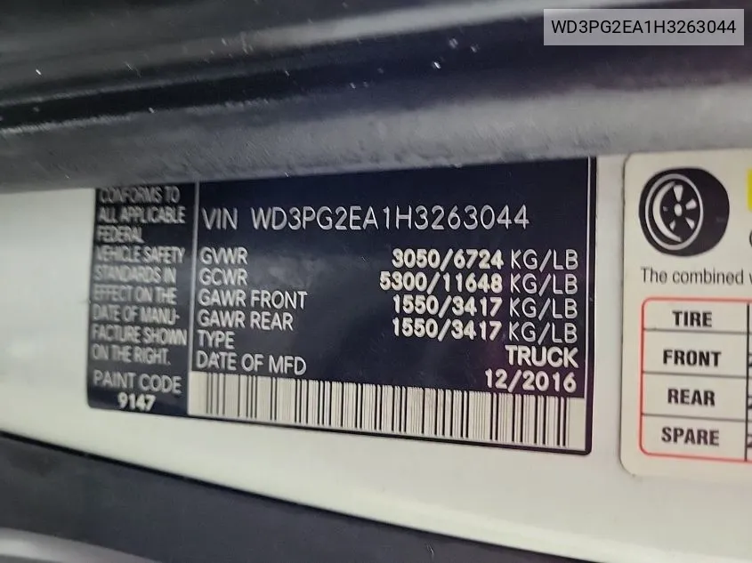 2017 Mercedes-Benz Metris VIN: WD3PG2EA1H3263044 Lot: 41061103