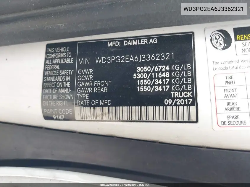 2018 Mercedes-Benz Metris VIN: WD3PG2EA6J3362321 Lot: 42785149