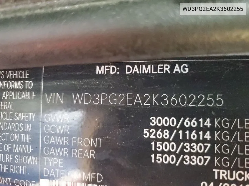 2019 Mercedes-Benz Metris VIN: WD3PG2EA2K3602255 Lot: 41087024
