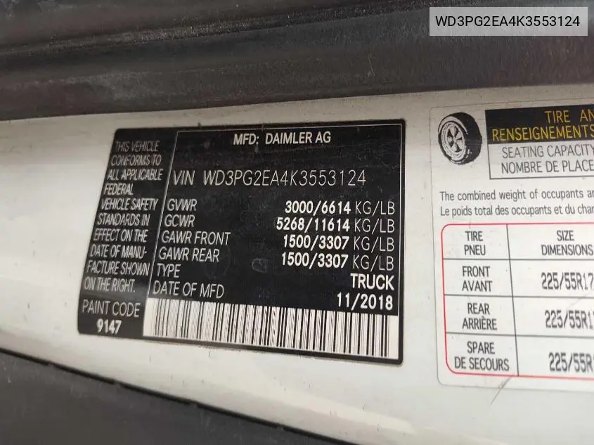 2019 Mercedes-Benz Metris VIN: WD3PG2EA4K3553124 Lot: 42363780