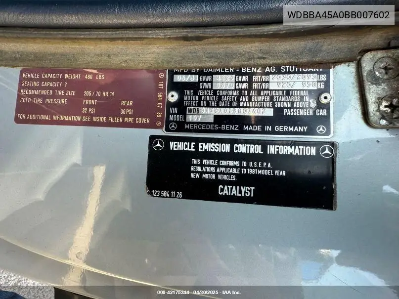 1981 Mercedes-Benz 380 Sl VIN: WDBBA45A0BB007602 Lot: 42175344
