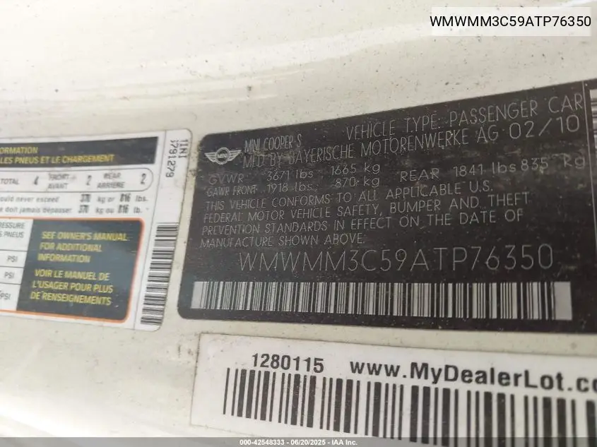 2010 Mini Cooper S Clubman VIN: WMWMM3C59ATP76350 Lot: 42548333