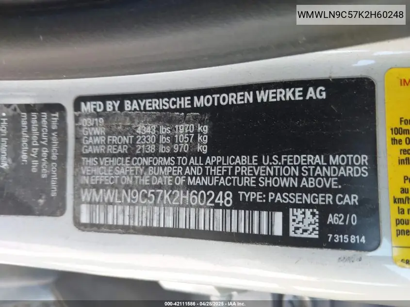 2019 Mini Clubman Cooper S VIN: WMWLN9C57K2H60248 Lot: 42111586
