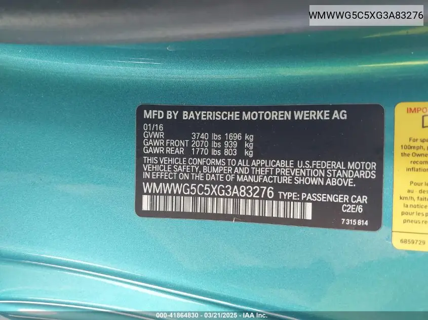 2016 Mini Convertible Cooper VIN: WMWWG5C5XG3A83276 Lot: 41864830