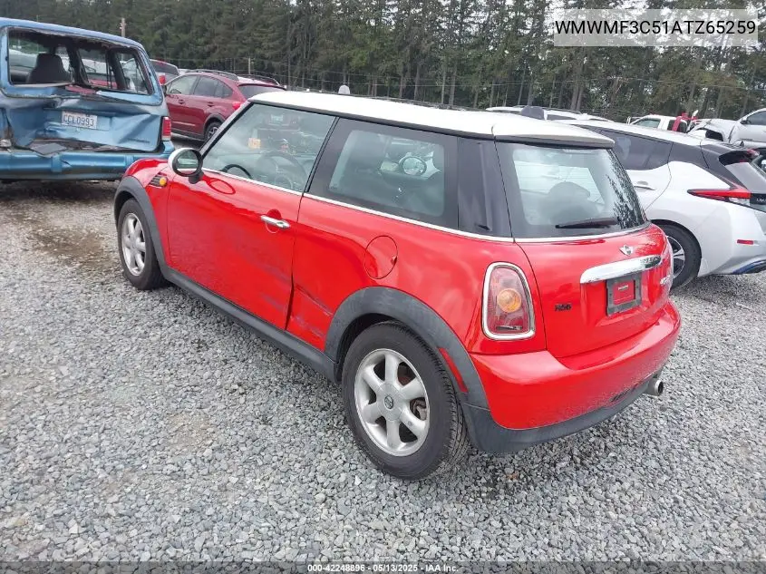 2010 Mini Cooper VIN: WMWMF3C51ATZ65259 Lot: 42248896