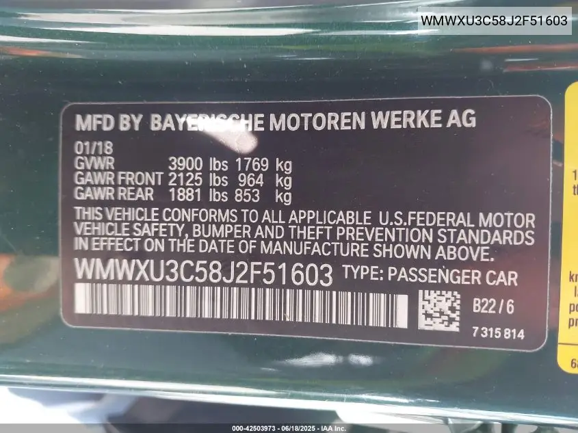 2018 Mini Hardtop Cooper S VIN: WMWXU3C58J2F51603 Lot: 42503973