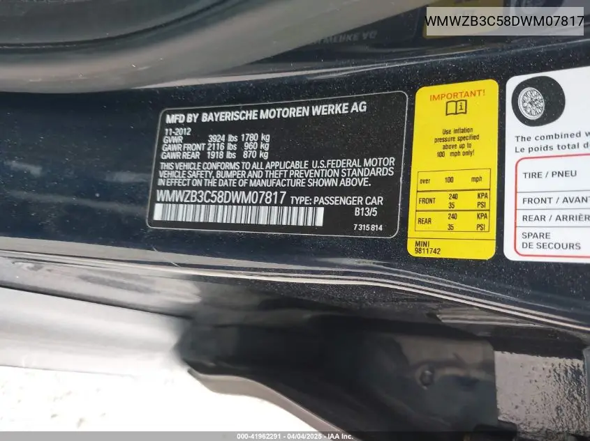 2013 Mini Countryman Cooper VIN: WMWZB3C58DWM07817 Lot: 41962291