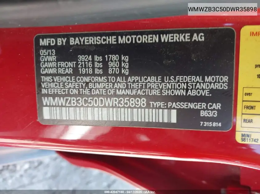 2013 Mini Countryman Cooper VIN: WMWZB3C50DWR35898 Lot: 42047188