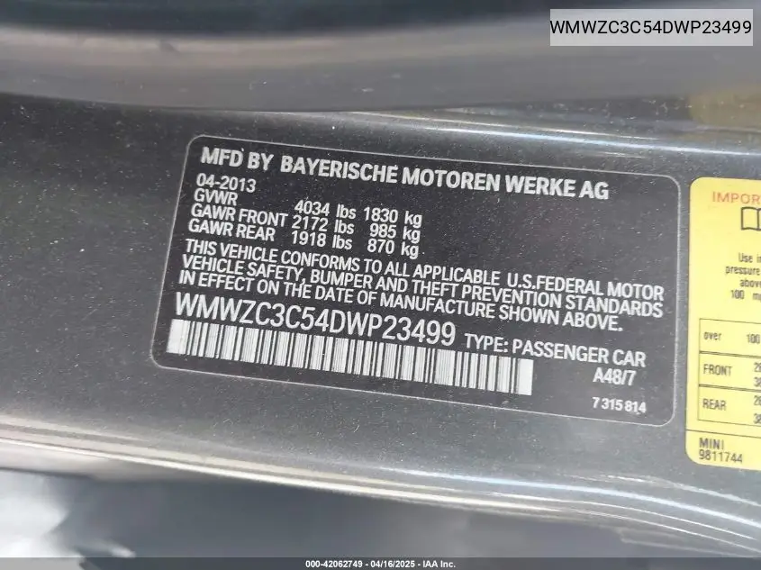 2013 Mini Countryman Cooper S VIN: WMWZC3C54DWP23499 Lot: 42062749