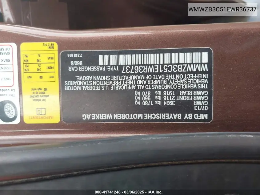 2014 Mini Countryman Cooper VIN: WMWZB3C51EWR36737 Lot: 41741248