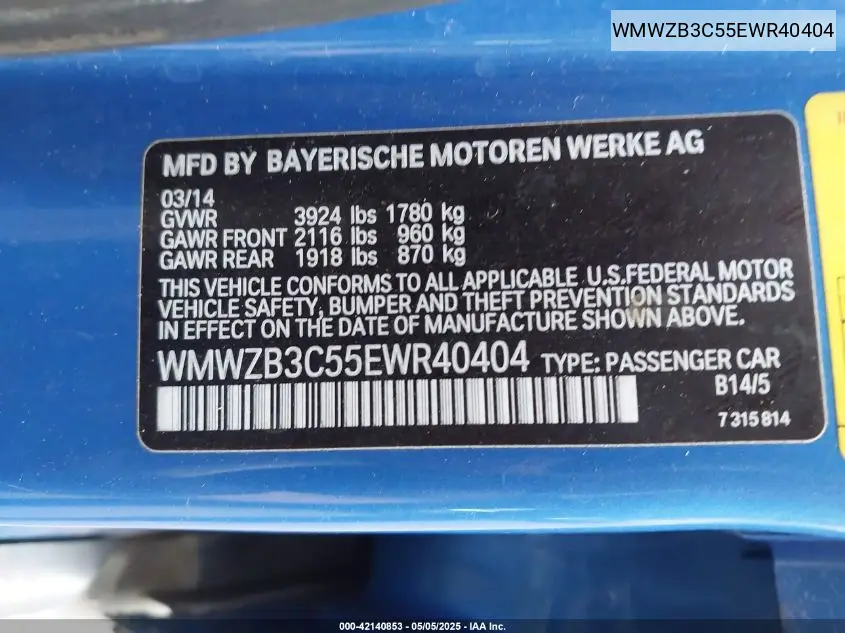 2014 Mini Countryman Cooper VIN: WMWZB3C55EWR40404 Lot: 42140853
