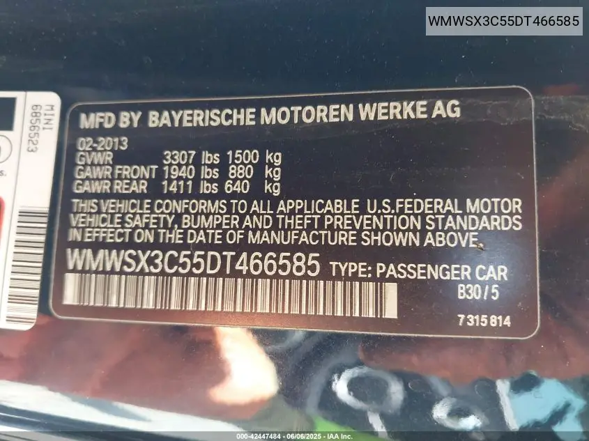 2013 Mini Coupe Cooper S VIN: WMWSX3C55DT466585 Lot: 42447484