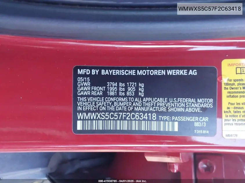 2015 Mini Hardtop Cooper VIN: WMWXS5C57F2C63418 Lot: 41938785