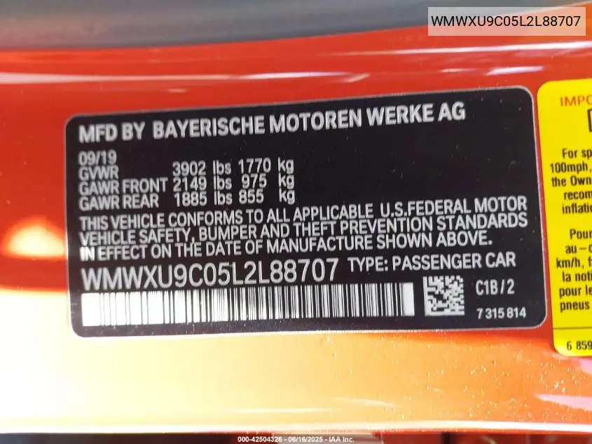 2020 Mini Hardtop Cooper S VIN: WMWXU9C05L2L88707 Lot: 42504326