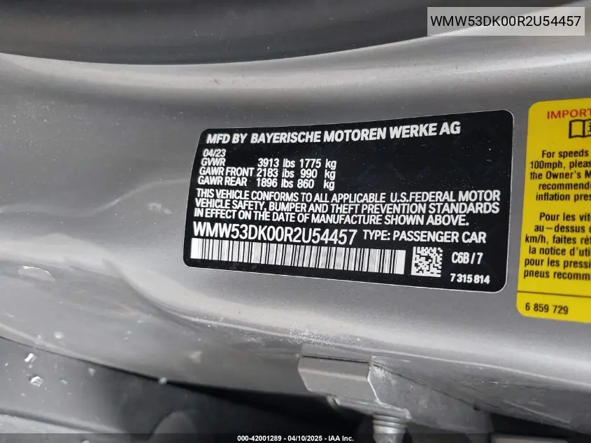 2024 Mini Hardtop Cooper S VIN: WMW53DK00R2U54457 Lot: 42001289