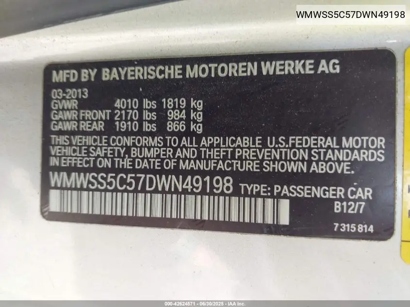 2013 Mini Paceman Cooper S VIN: WMWSS5C57DWN49198 Lot: 42624571