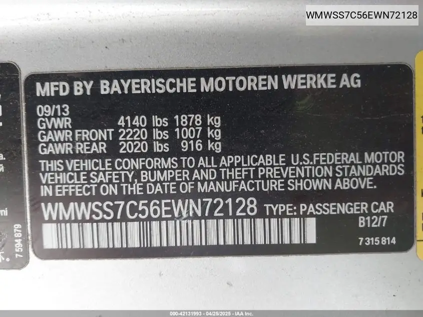 2014 Mini Paceman Cooper S VIN: WMWSS7C56EWN72128 Lot: 42131993