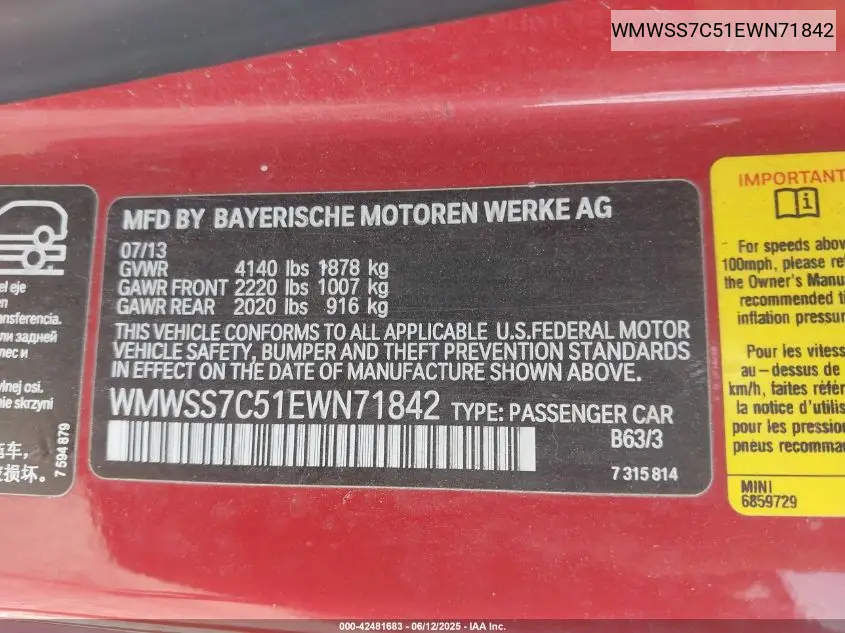 2014 Mini Paceman Cooper S VIN: WMWSS7C51EWN71842 Lot: 42481683