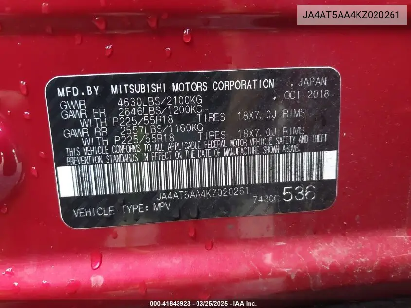2019 Mitsubishi Eclipse Cross Se/Sel VIN: JA4AT5AA4KZ020261 Lot: 41843923
