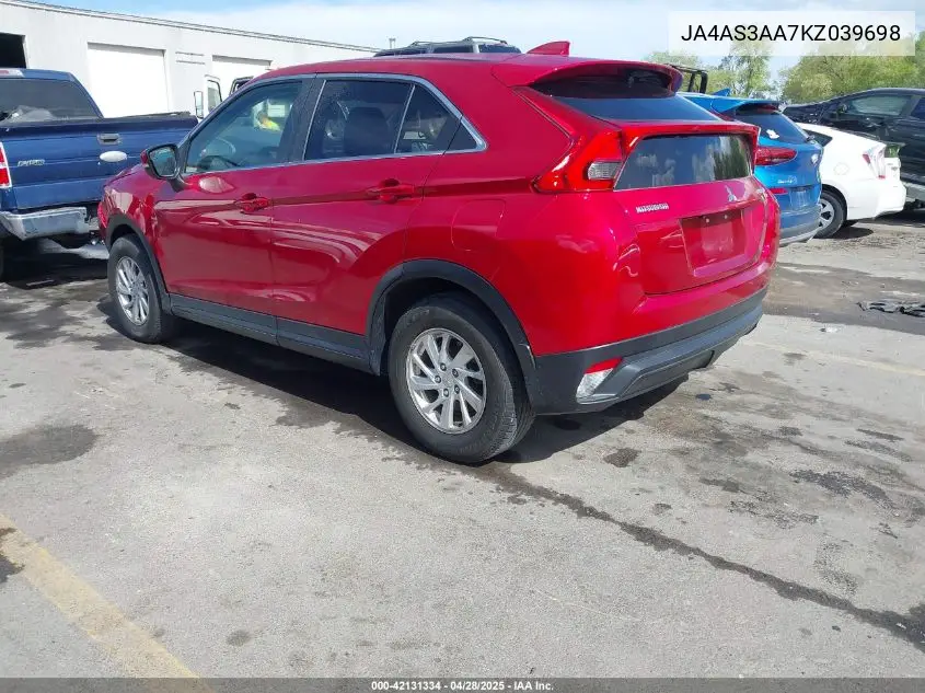 2019 Mitsubishi Eclipse Cross Es VIN: JA4AS3AA7KZ039698 Lot: 42131334