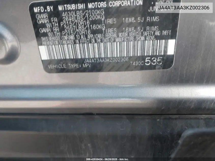 2019 Mitsubishi Eclipse Cross Es VIN: JA4AT3AA3KZ002306 Lot: 42535424
