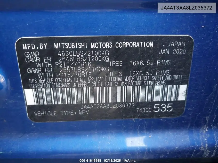 2020 Mitsubishi Eclipse Cross Es 1.5T Awc VIN: JA4AT3AA8LZ036372 Lot: 41618848