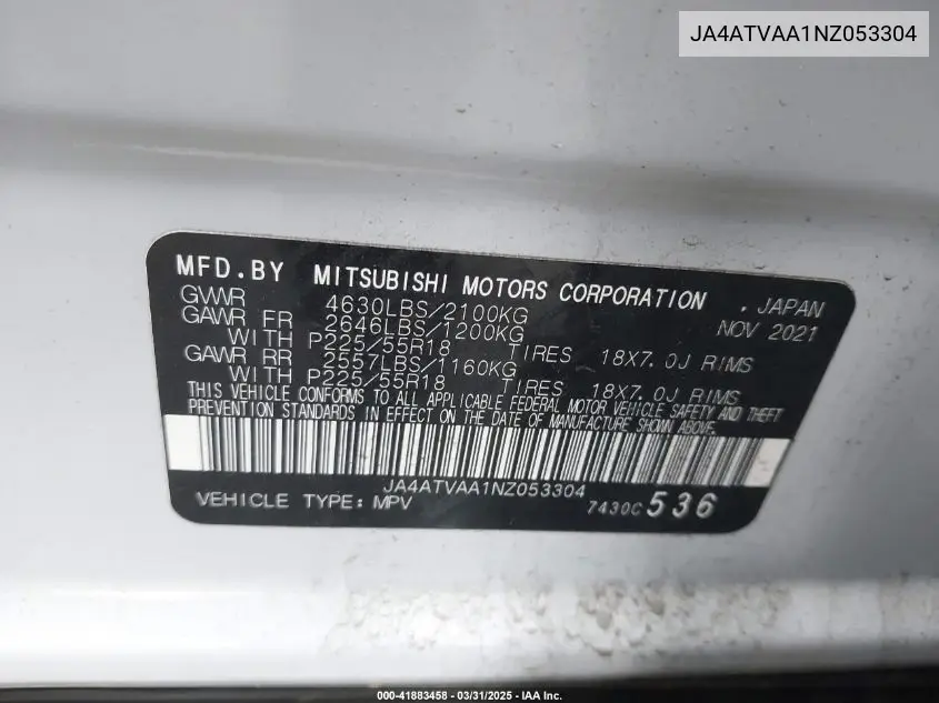 2022 Mitsubishi Eclipse Cross Le S-Awc VIN: JA4ATVAA1NZ053304 Lot: 41883458