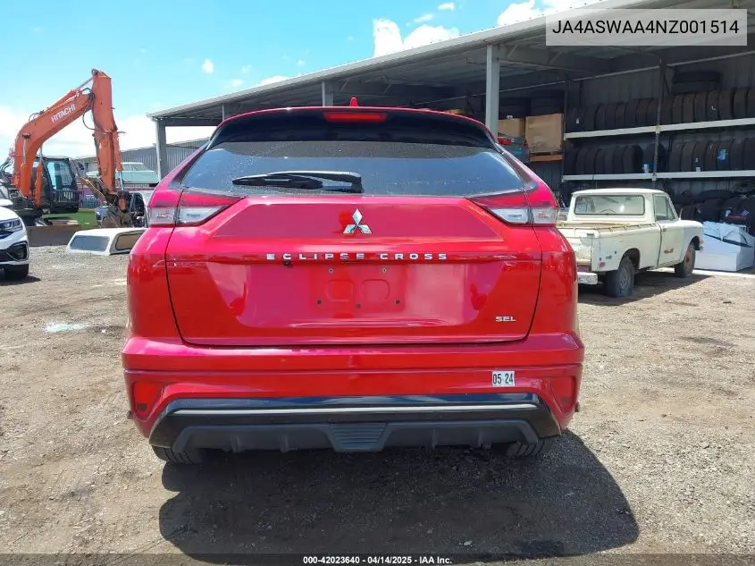 2022 Mitsubishi Eclipse Cross Se/Se Special Edition/Sel/Sel Special Edition VIN: JA4ASWAA4NZ001514 Lot: 42023640
