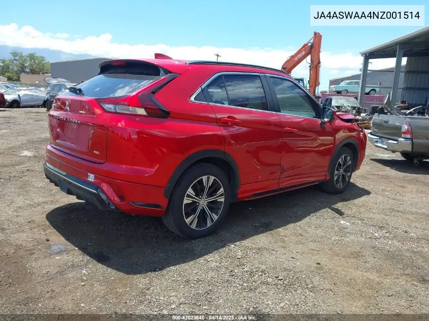 2022 Mitsubishi Eclipse Cross Se/Se Special Edition/Sel/Sel Special Edition VIN: JA4ASWAA4NZ001514 Lot: 42023640