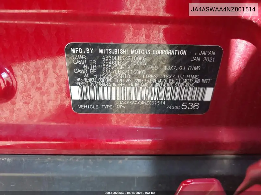 2022 Mitsubishi Eclipse Cross Se/Se Special Edition/Sel/Sel Special Edition VIN: JA4ASWAA4NZ001514 Lot: 42023640