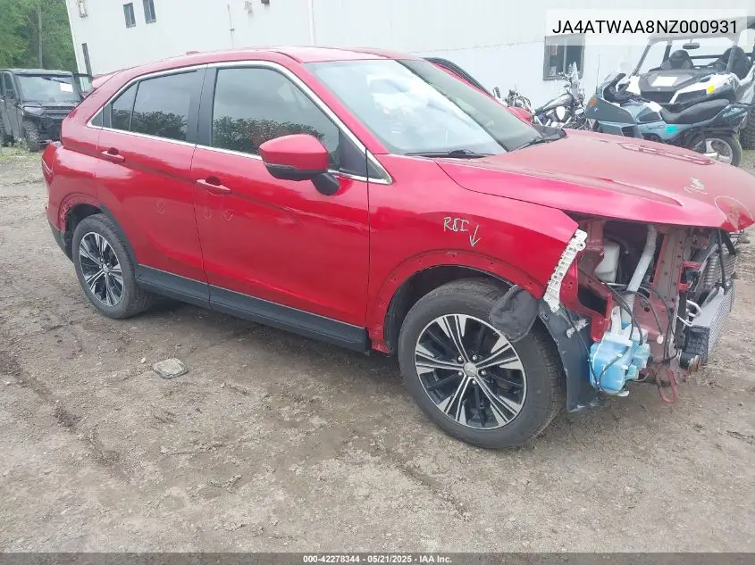 2022 Mitsubishi Eclipse Cross Se S-Awc/Se Special Edition S-Awc/Sel S-Awc/Sel Special Edition S-Awc VIN: JA4ATWAA8NZ000931 Lot: 42278344