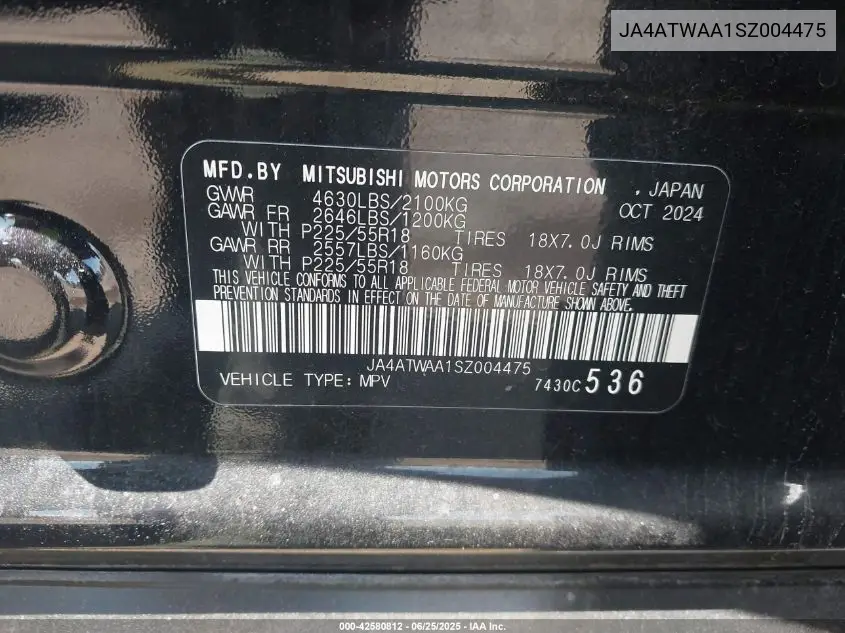 2025 Mitsubishi Eclipse Cross Black Edition S-Awc/Se S-Awc/Sel S-Awc VIN: JA4ATWAA1SZ004475 Lot: 42580812