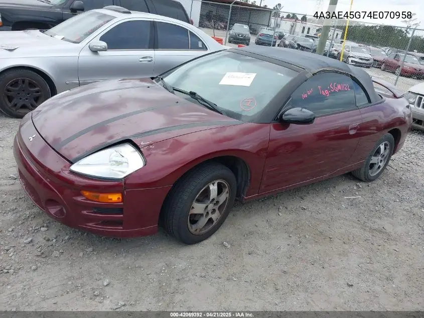 2004 Mitsubishi Eclipse Spyder Gs VIN: 4A3AE45G74E070958 Lot: 42069392