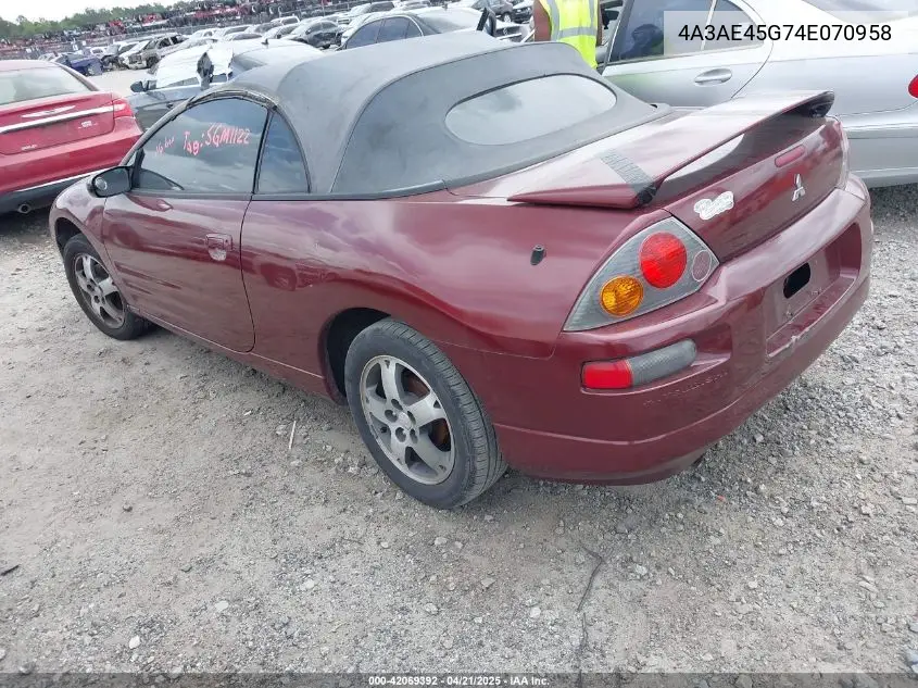 2004 Mitsubishi Eclipse Spyder Gs VIN: 4A3AE45G74E070958 Lot: 42069392