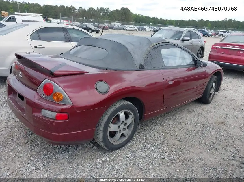2004 Mitsubishi Eclipse Spyder Gs VIN: 4A3AE45G74E070958 Lot: 42069392