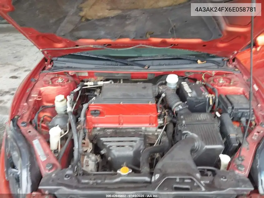 2006 Mitsubishi Eclipse Gs VIN: 4A3AK24FX6E058781 Lot: 42645402