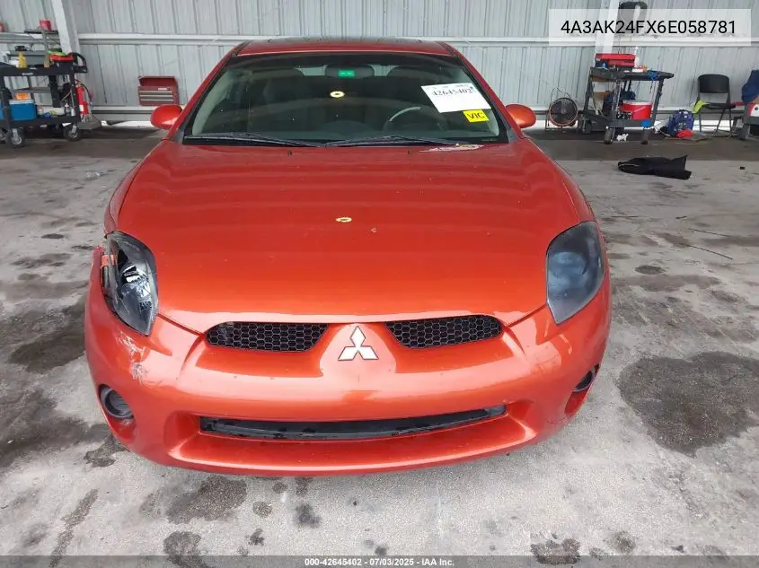 2006 Mitsubishi Eclipse Gs VIN: 4A3AK24FX6E058781 Lot: 42645402