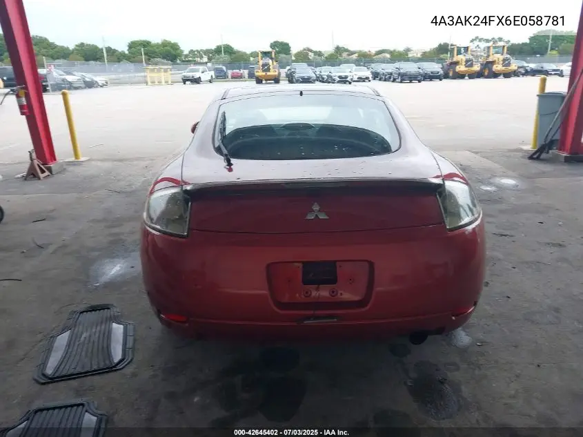 2006 Mitsubishi Eclipse Gs VIN: 4A3AK24FX6E058781 Lot: 42645402