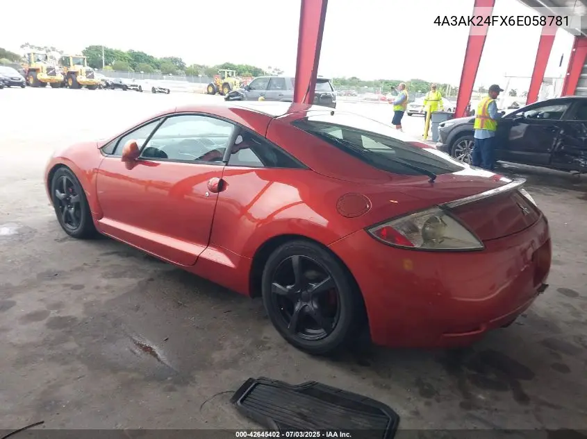 2006 Mitsubishi Eclipse Gs VIN: 4A3AK24FX6E058781 Lot: 42645402