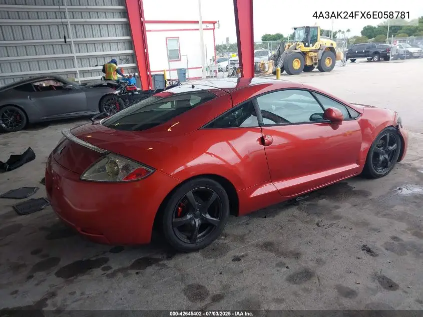 2006 Mitsubishi Eclipse Gs VIN: 4A3AK24FX6E058781 Lot: 42645402