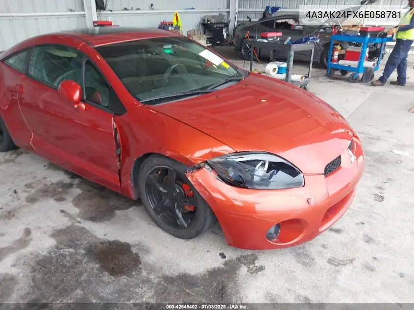 2006 Mitsubishi Eclipse Gs VIN: 4A3AK24FX6E058781 Lot: 42645402