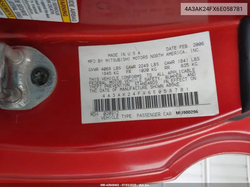 2006 Mitsubishi Eclipse Gs VIN: 4A3AK24FX6E058781 Lot: 42645402
