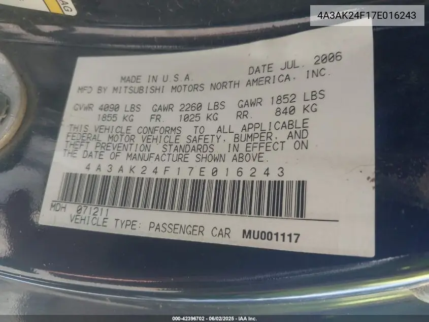 2007 Mitsubishi Eclipse Gs VIN: 4A3AK24F17E016243 Lot: 42396702