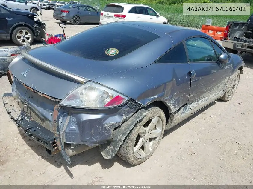 2007 Mitsubishi Eclipse Gs VIN: 4A3AK24F67E060402 Lot: 42572324