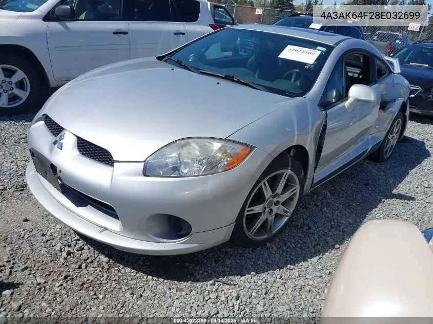 2008 Mitsubishi Eclipse Gs/Se VIN: 4A3AK64F28E032699 Lot: 42022309